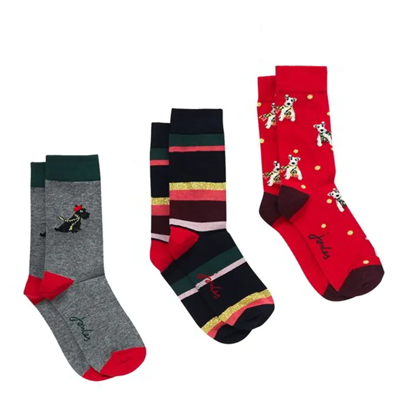 Joules Christmas 3Pk Ladies Bamboo Socks - Grey Xmas Dog